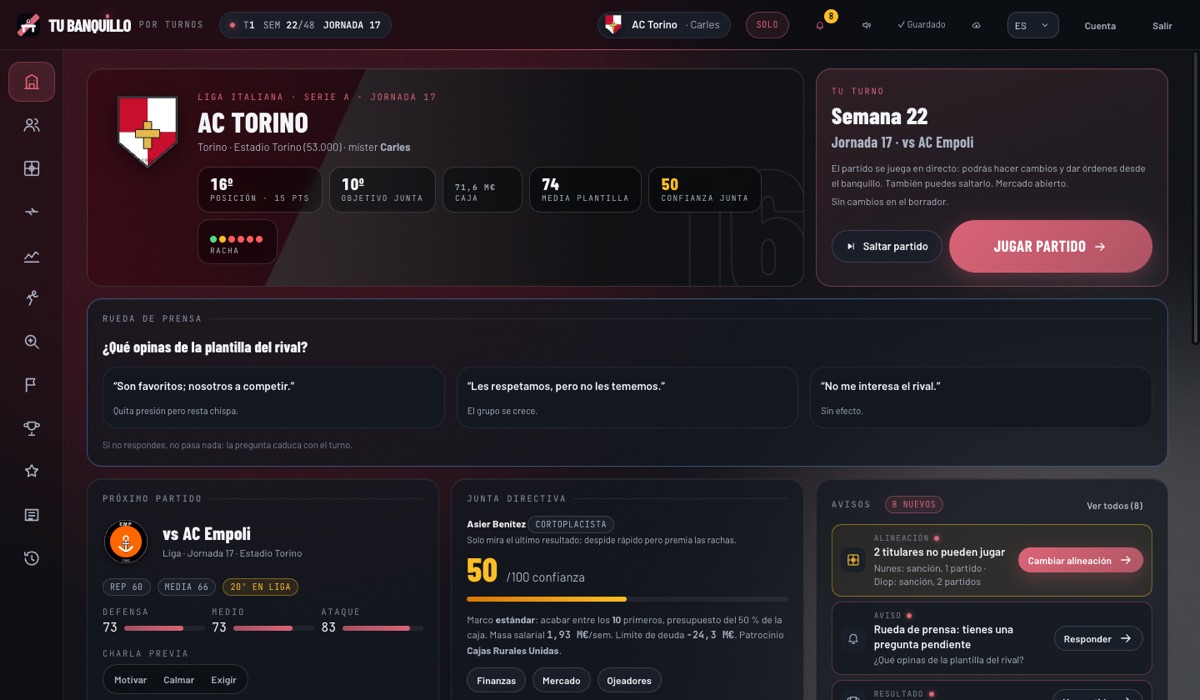La Oficina de Tu Banquillo: el club con su escudo, la posición en la liga, el objetivo de la junta, la caja, una rueda de prensa y el próximo partido