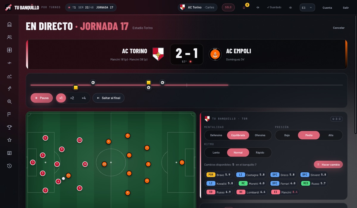 Partido en directo con el marcador 2-1 en el minuto 57, el campo con los veintidós jugadores y los controles de mentalidad, presión y ritmo